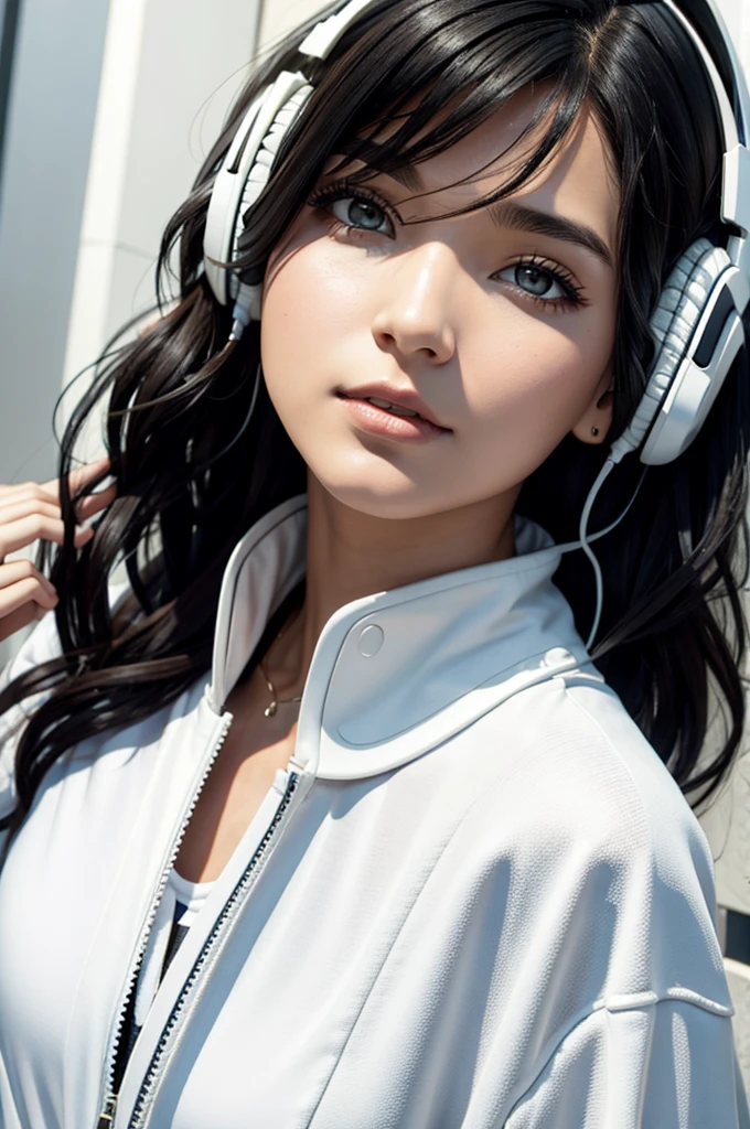 AN ADULT WOMAN WITH SHORT, WAVY BLACK HAIR WITH SIDE BANGS, WHITE HEADPHONES AND WHITE FUTURISTIC CLOTHES, brown eyes