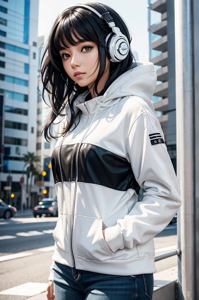 AN ADULT WOMAN WITH SHORT, WAVY BLACK HAIR WITH SIDE BANGS, WHITE HEADPHONES AND WHITE FUTURISTIC CLOTHES, brown eyes
