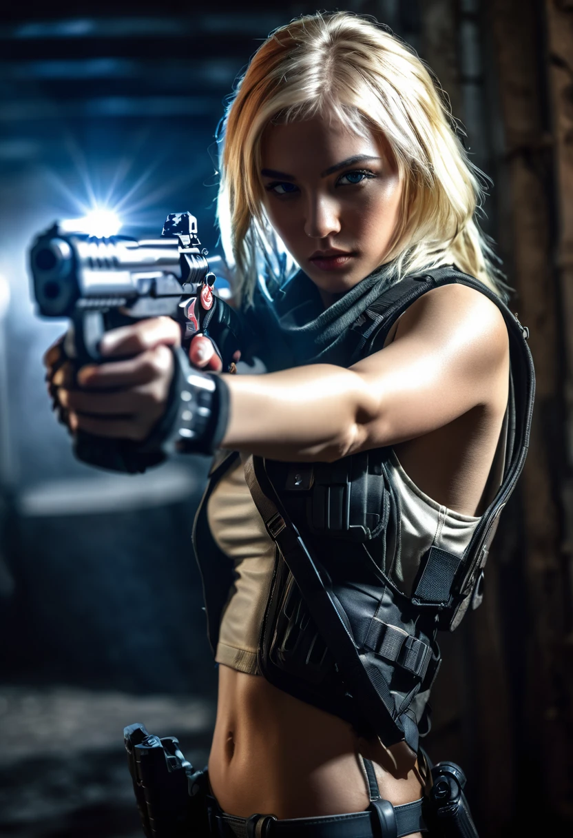 Cyborg blonde, beautiful, shooting a gun, (((maximum detail in the skin))), play of lights and shadows highlighting the character, poseapocalyptic background