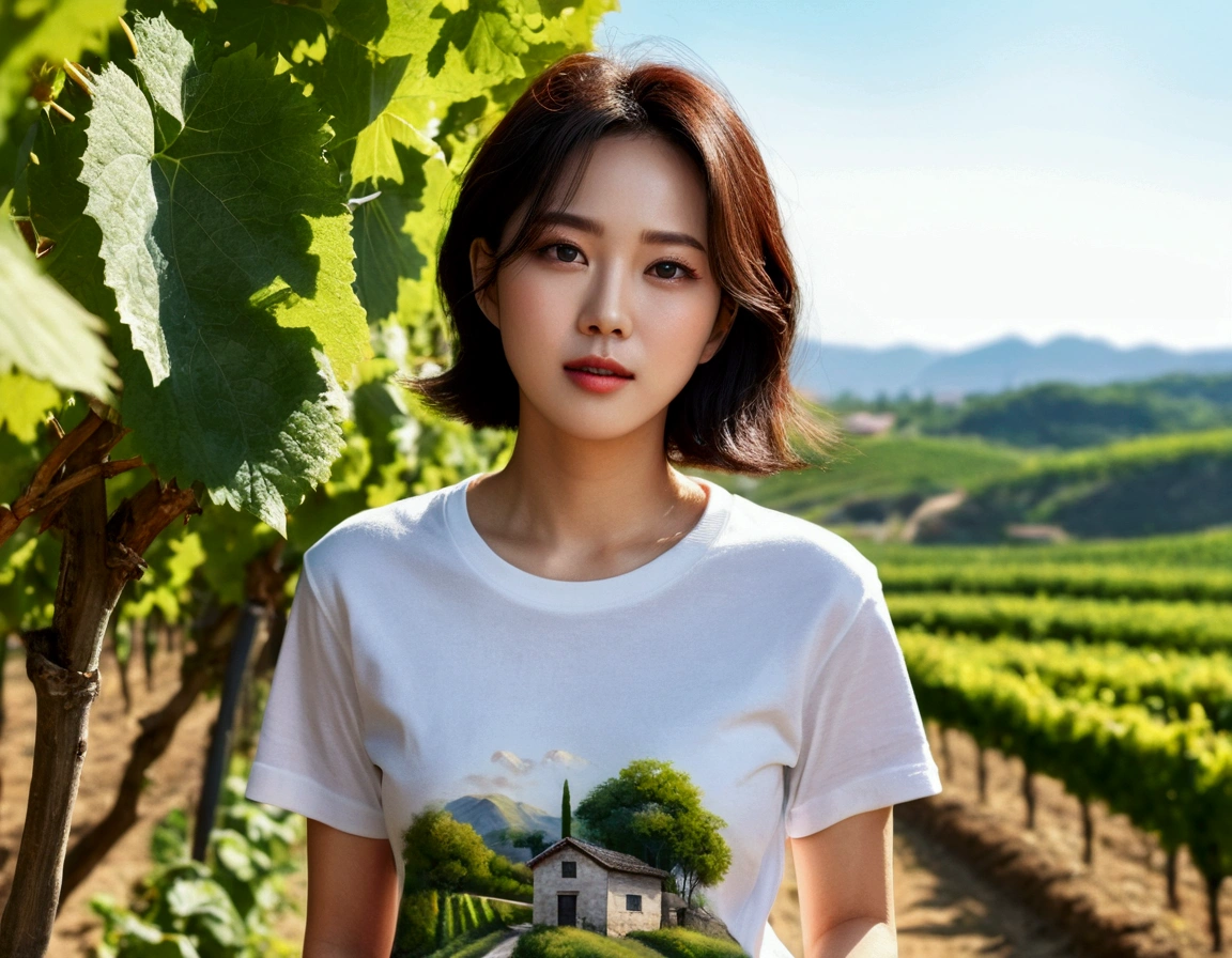 Korean woman with short medium hair wearing a shirt, short and , very beautiful.!, Get inspired by Son Ye-jin, 8K vertical rendering, photo realistic beautiful face, big eyes,double eyelid, black eye, Wear a dark round neck t-shirt. casual pants. Warm light in a vineyard in the Italian countryside, The morning sun shines beautifully. Standing on a curved path. (digital painting, HDR, high contrast),, (best quality:1.4, 8k 3D, 45,000,000,000,pixel,),(masterpiece:1.3),(sharp focus:1.2),(Full body shot with Canon camera 16-35 wide angle lens