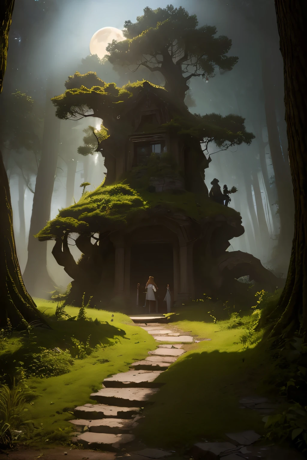 Masterpiece, Excellent, (Office: 1.8), CG drawing with super high detail, standing, 1 royal sister, angry, a woman with short tan hair, layered dress, hands crossed at waist, facing the audience, illustration, wide angle panorama a spectacular night, ethereal moonlit forest, glowing fireflies, mystical atmosphere, vibrant stars in the sky, serene pond reflecting the night sky, ancient ruined temple, gnarled twisted trees, dramatic lighting, dramatic shadows, cinematic composition, fantasy, surreal, (best quality,4k,8k,highres,masterpiece:1.2),ultra-detailed,(realistic,photorealistic,photo-realistic:1.37),detailed night sky, dramatic moody lighting