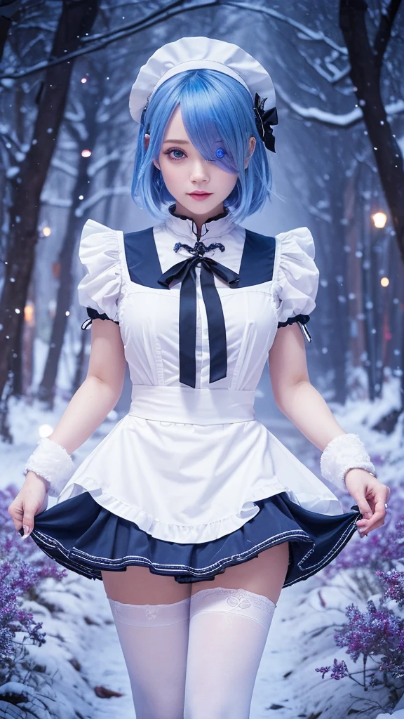 masterpiece, best quality, ultra-detailed, illustration, [(white background:1.5)::5], isometric, 1girl, solo, rem_\(re:zero\), cute, enchanting gaze, captivating pose, blue hair, short hair, (hair over one eye:1.3), blue eyes, roswaal mansion maid uniform, apron, (white pantyhose:1.2), walking, cowboy shot, looking at viewer, revenge, hate, anger, bloodthirsty, purple aura, holding chains, outdoors, winter, falling snow, ice crystals, magic, particle effects, Tindal effect, fantasy, nature, forest, (high-resolution:1.2)