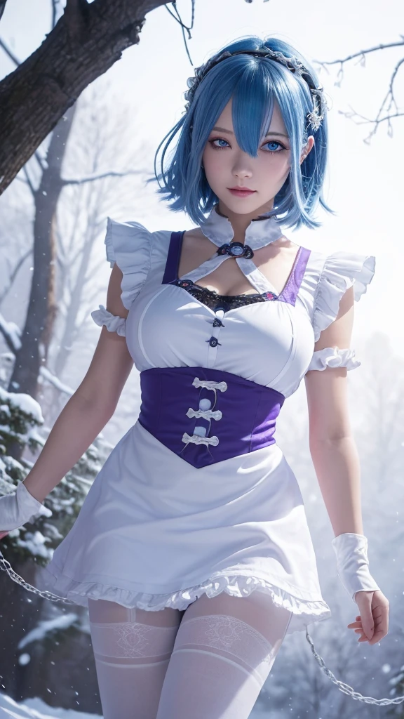 masterpiece, best quality, ultra-detailed, illustration, [(white background:1.5)::5], isometric, 1girl, solo, rem_\(re:zero\), cute, enchanting gaze, captivating pose, blue hair, short hair, (hair over one eye:1.3), blue eyes, roswaal mansion maid uniform, apron, (white pantyhose:1.2), walking, cowboy shot, looking at viewer, revenge, hate, anger, bloodthirsty, purple aura, holding chains, outdoors, winter, falling snow, ice crystals, magic, particle effects, Tindal effect, fantasy, nature, forest, (high-resolution:1.2)