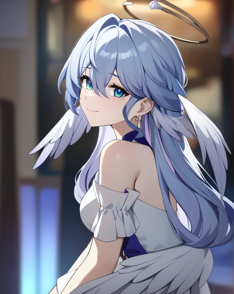 masterpiece,best quality,robin_(honkai:_star_rail), head_wings, angel, virtual_youtuber, 1girl, white_wings, looking_at_viewer, halo, wings, upper_body, solo, from_side, blurry_background, closed_mouth, dress, bare_shoulders, smile_ singing full body