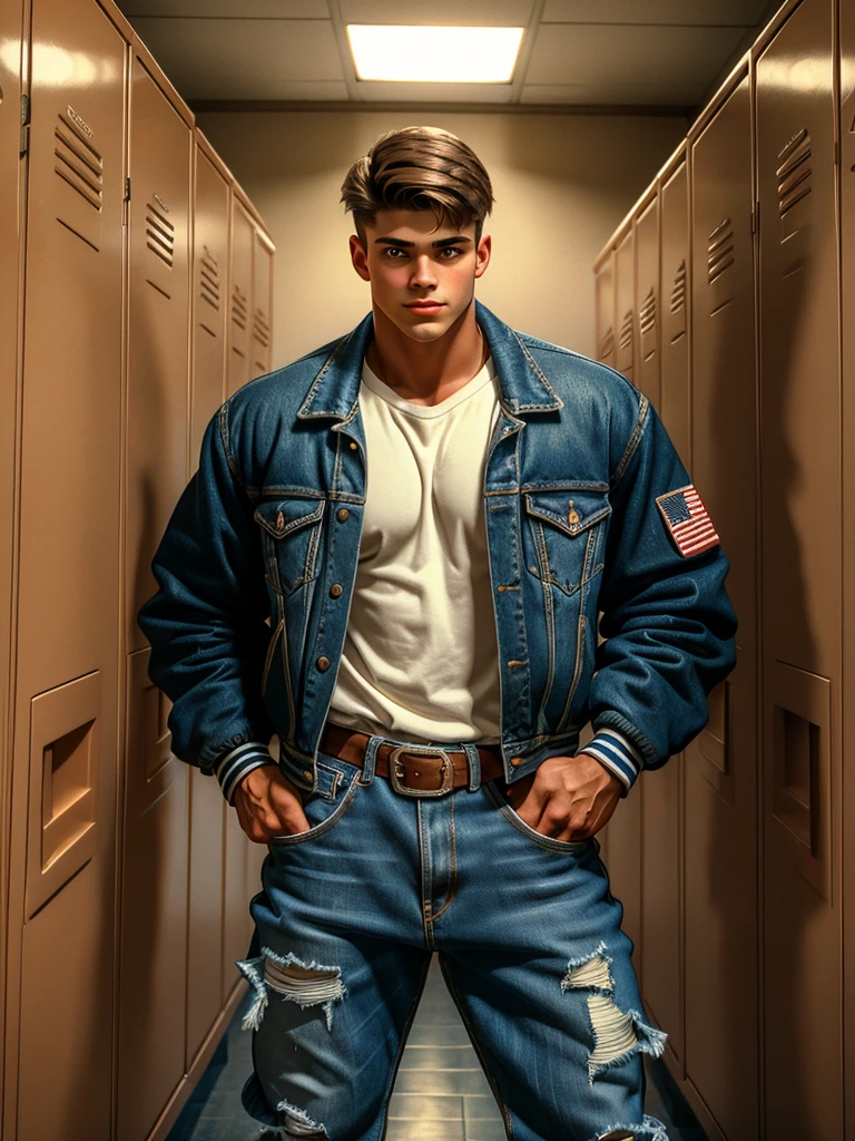 (masterpiece, best quality, ultra-detailed, best shadow), hyper detail, high resolution, high quality, 8k, epic, raw photo, dslr, 1boy, tan skin, short black hair, jock, tall, handsome, masculine, school, lockers,football jacket, ripped jeans, 1990 \(style\), 90, 1990s, 90s heartthrob, cozy lighting, vintage, cowboy shot, leaning against locker 