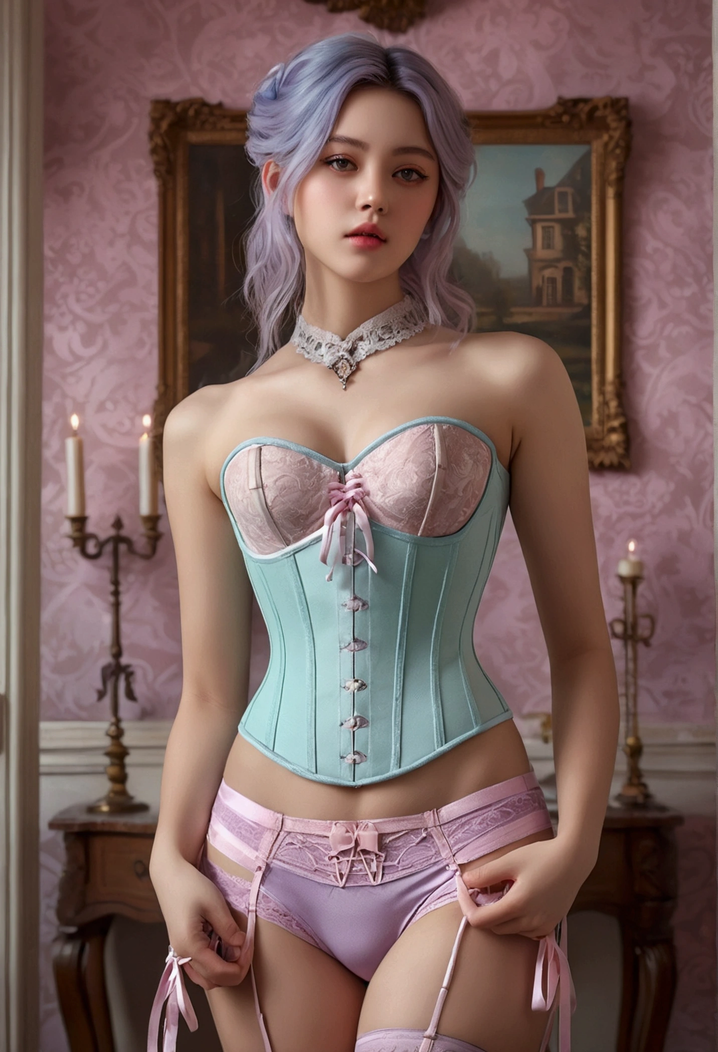 realist, (masterpiece:1.4, Best Quality), (intricate details), unity wallpaper 8k, ultra detailed, (pastel colours:1.3), (cord) underwear and corset, beautiful and aesthetic, 1 girl, detailed, Alone, victorian mansion