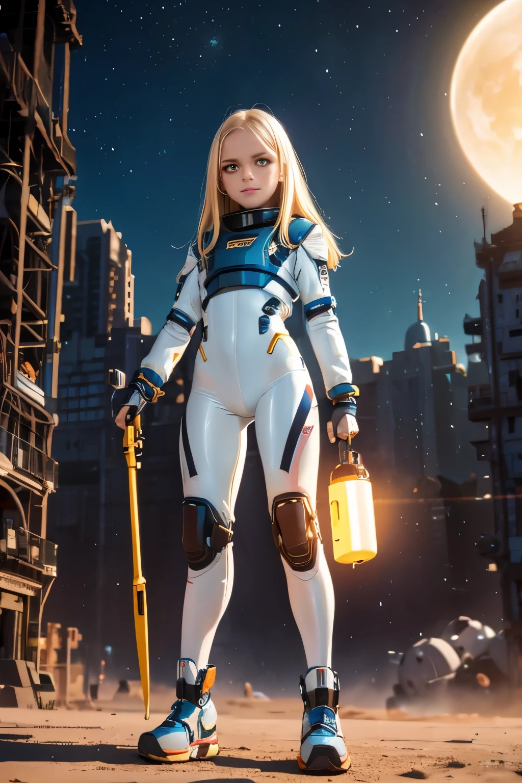 (young girl, 12 years old, blond hair, photorealistic, pale skin), (yellow (eyes:1.2)), (slim build:1.3), (fantasy space suit), beautiful face, symmetrical face, Greg Rutkowski, wlop and Sam Kuvshinov, (long hair), blond eyelashes, large iris, large pupil, full body, standing on the background of the cosmodrome, artstation, 8k, science fiction, pastel colors, props, panel, concept, futuristic, gribble, simon stalenhag, space, in outer space, a spaceship in the sky, technological blocks, futuristic world:1.5, rusty metal futuristic world, (simple oil painting in a style to Bill Sienkiewicz)