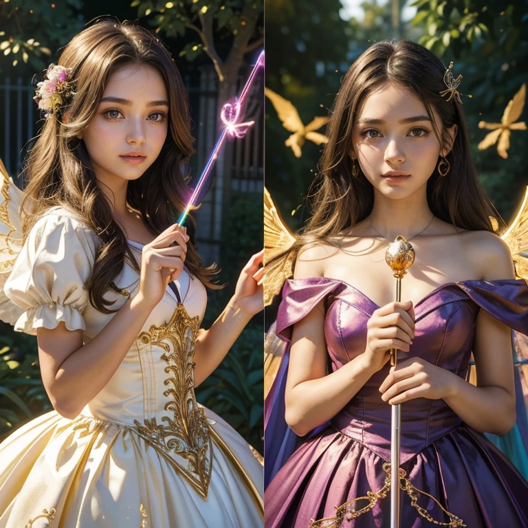 (masterpiece, best quality:1.5), highest quality, High resolution, super detailed, Realists, Upper body photo of a brunette 14-year-old magical girl, detailed and beautiful eyes, beautiful detailed lips, very detailed eyes and face, longeyelashes, shiny satin dress, Holding a magic wand in your hand, Cast a transformation spell, Birds become sticks, Magic wands present and shiny, Beautiful and colorful makeup, elegant and noble々The jewelry bag, Gardens as background, soft daylight, bright colors, fine brushstrokes, Portrait style, Silk dress fabric, beautiful color palette, glowing skin, First-class rendering, that captures every detail, enchanting atmosphere, subtle shadows and lights, (perfect anatomy:1.2), (The two stunning 14 and 12 year old Magical Girls transform birds into long glowing rods (a transformation with the magic wand:1.4), (magnificent panorama view:1.2)