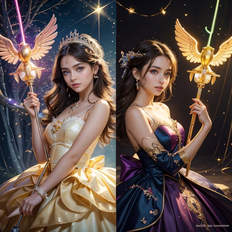 (​masterpiece, best quality:1.5), highest quality, High resolution, super detailed, Realists, Upper body photo of a brunette -yeld maal girl, detailed and beautiful eyes, beautiful detailed lips, very detailed eyes and face, longeyelashes, shiny satin dress, Holding a magic wand in your hand, Cast a transformation spell, Birds become sticks, Magic wands present and shiny, Beautiful and colorful makeup, elegant and noble々The jewelry bag, Gardens as background, soft daylight, bright colors, fine brushstrokes, Portrait style, Silk dress fabric, beautiful color palette, glowing skin, First-class rendering, that captures every detail, enchanting atmosphere, subtle shadows and lights, (perfect anatomy:1.2), (The two stunning 14 and 12Girls transform birds into long glowing rods (a transformation with the magic wand:1.4), (magnificent panorama view:1.2)