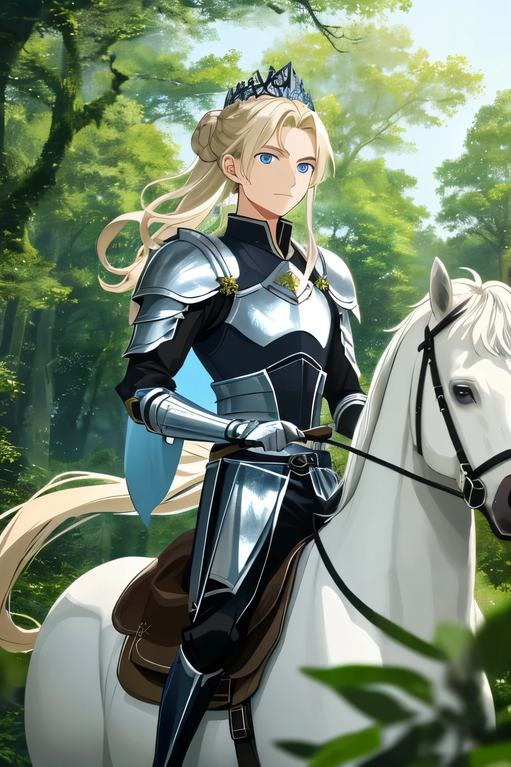 In this high-quality image, a young anime character named Darien Chiba is depicted as a knight clad in metal armor. His short black hair adds a mysterious charm to his appearance, and his clear skin radiates a youthful glow. Darien's piercing blue eyes are fixed on a serene princess named Tsukino, who is dressed in a elegant princess costume with her long blond hair tied in two buns on top of her head. The lush forest of trees serves as a breathtaking backdrop, with a white horse steadily waiting for Darien to paint it with his spatula and brush strokes, in an oil style reminiscent of traditional masterpieces. The castle that tow
