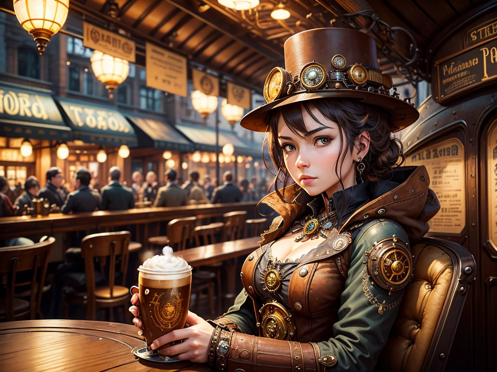steampunkai。highest quality。masterpiece。detailed details。one woman。Traveler in steampunk style。Drinking coffee on the café terrace。The background is a steampunk style train station.。