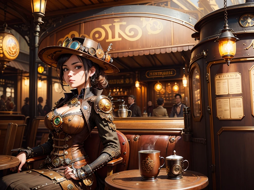 steampunkai。highest quality。masterpiece。detailed details。one woman。Traveler in steampunk style。Drinking coffee on the café terrace。The background is a steampunk style train station.。