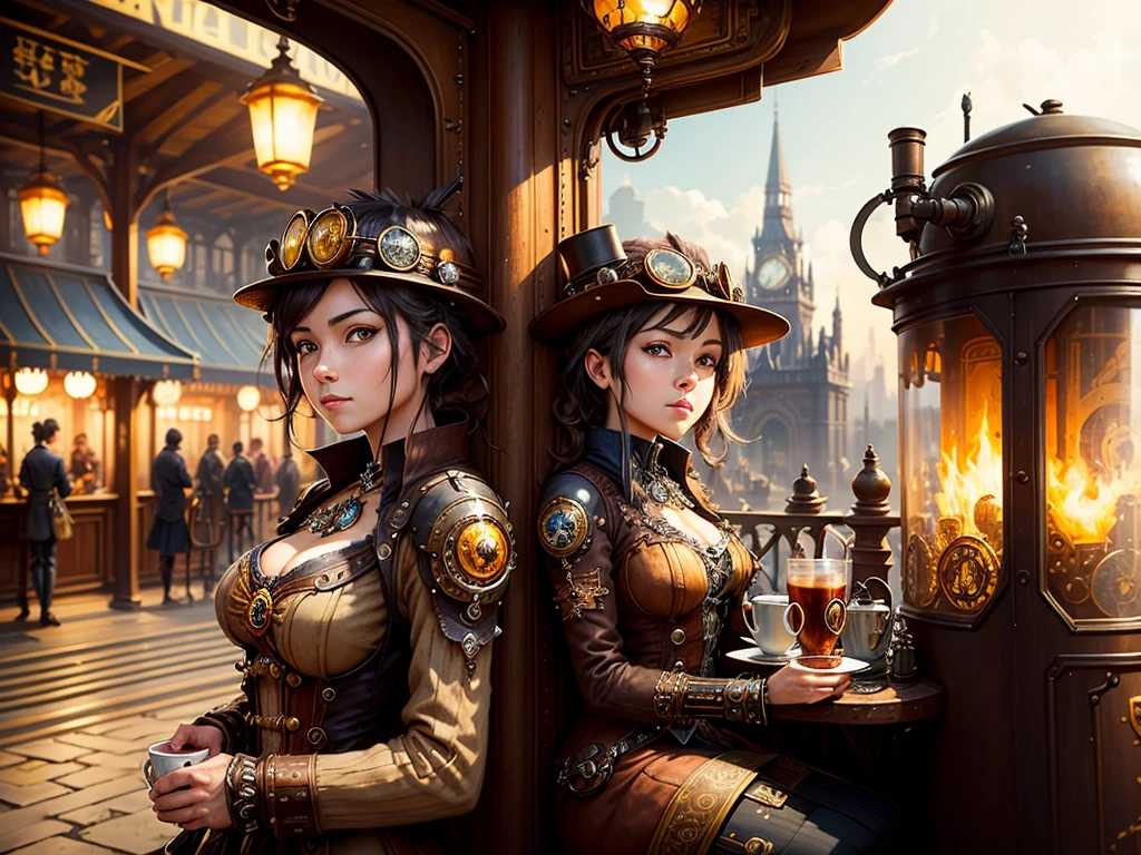 a sexy female confronting a grotesque and surreal-looking wanted criminal in a Western steampunk village, detailed facial features, beautiful detailed eyes, beautiful detailed lips, extremely detailed eyes and face, long eyelashes, beautiful detailed skin, intricate steampunk outfit, ornate and detailed steampunk village background, dramatic lighting, cinematic composition, photorealistic, 8k, ultra-detailed, masterpiece, digital art, concept art, vibrant colors, dramatic shadows