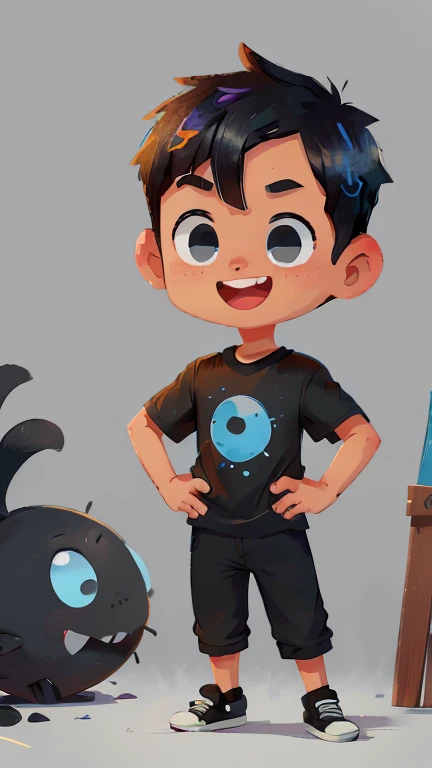 Poster design, (SFW), light-skinned boy with black and blue t-shirt, black pants, White sneakers,  Full body standing, glad, gradient background, perfect quality, Focus Clear, colorfully, Perfect face with eyes with black iris, short black hair hairstyle, smiling intricate details, ultra low angle of view, wide angle lens
