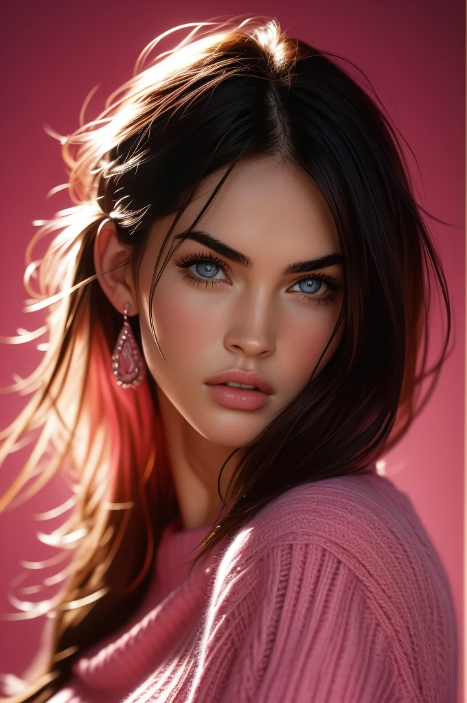  Megan Fox, bangs, pink knit sweater, (((masterpiece, ultra-detailed face))).