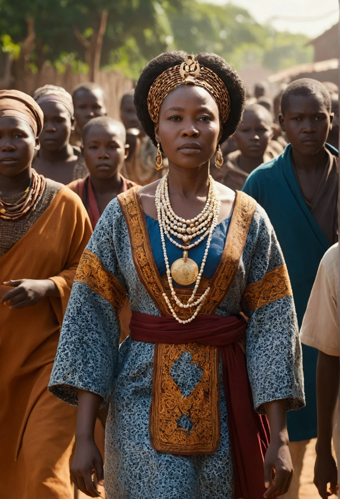 Create a cinematic image of Queen Pokou, a young lady of about 30 years old, walking with her people behind her.