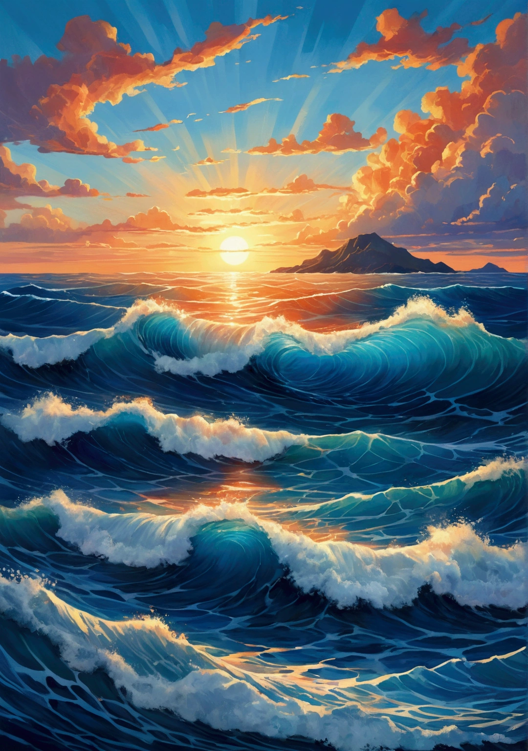 Create an illustration of an open ocean at sunrise, with waves gently rolling. Use vibrant colors with a mix of cool blues and warm oranges to depict the serene yet mysterious ocean.