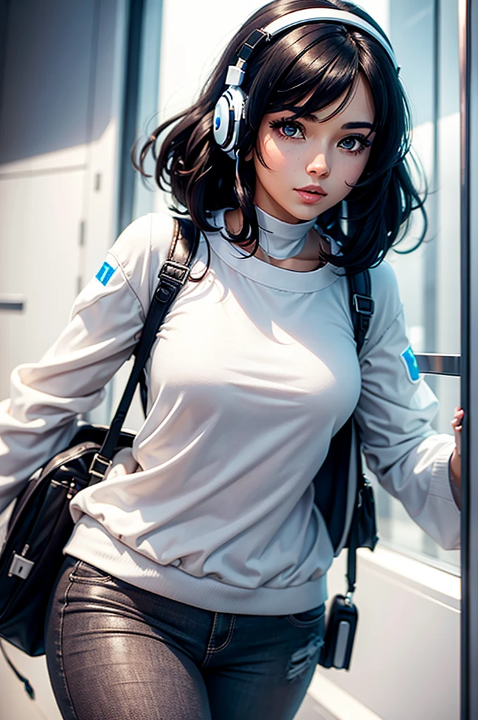 AN ADULT WOMAN WITH SHORT, WAVY BLACK HAIR WITH SIDE BANGS, WHITE HEADPHONES AND WHITE FUTURISTIC CLOTHES, brown eyes