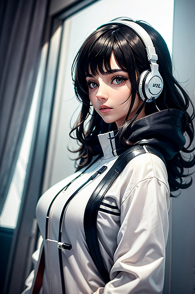AN ADULT WOMAN WITH SHORT, WAVY BLACK HAIR WITH SIDE BANGS, WHITE HEADPHONES AND WHITE FUTURISTIC CLOTHES, brown eyes