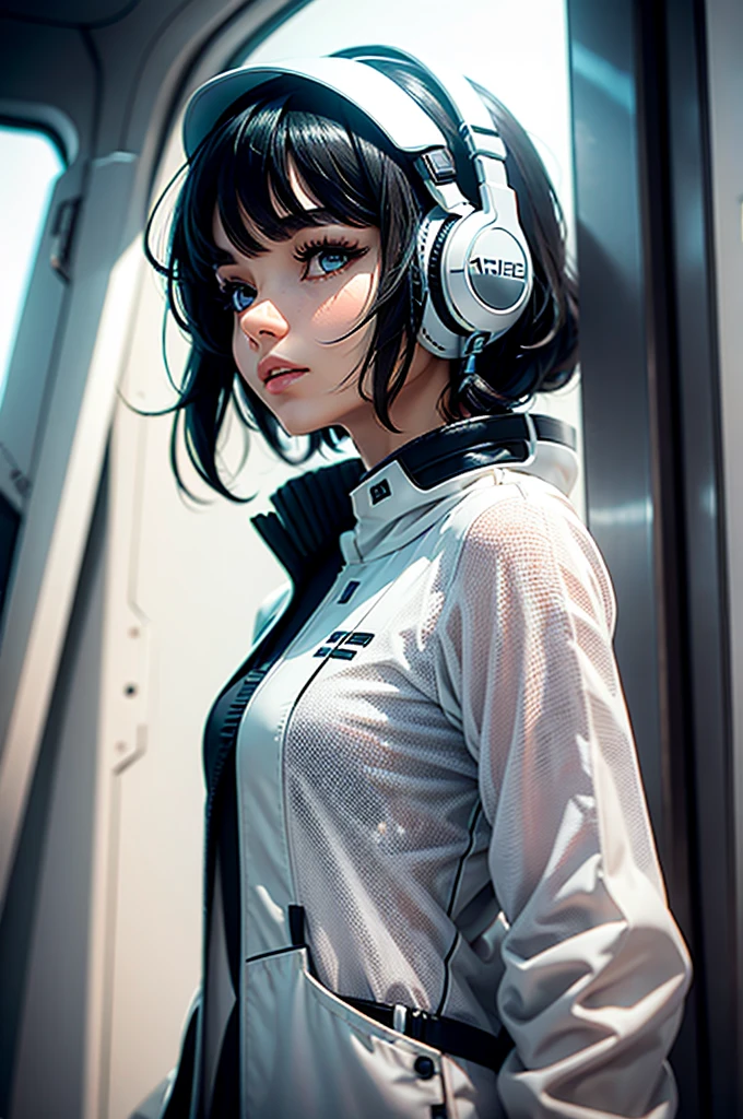 AN ADULT WOMAN WITH SHORT, WAVY BLACK HAIR WITH SIDE BANGS, WHITE HEADPHONES AND WHITE FUTURISTIC CLOTHES, brown eyes