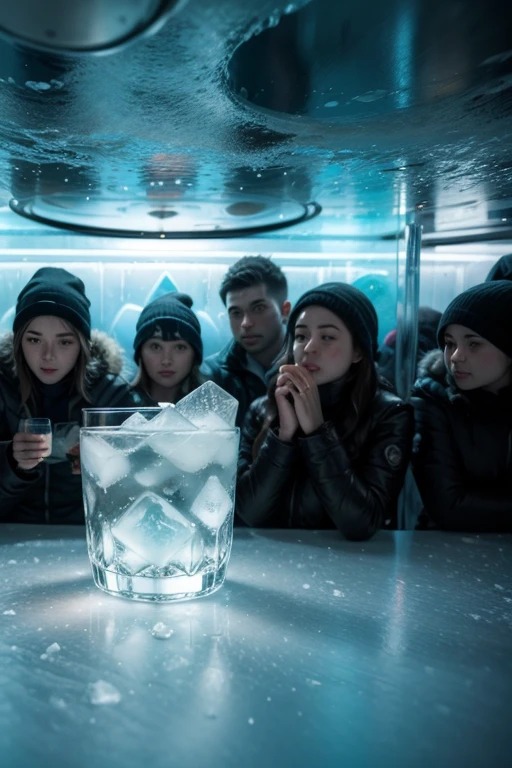 people inside an ice bar drinking from a glass made of ice 