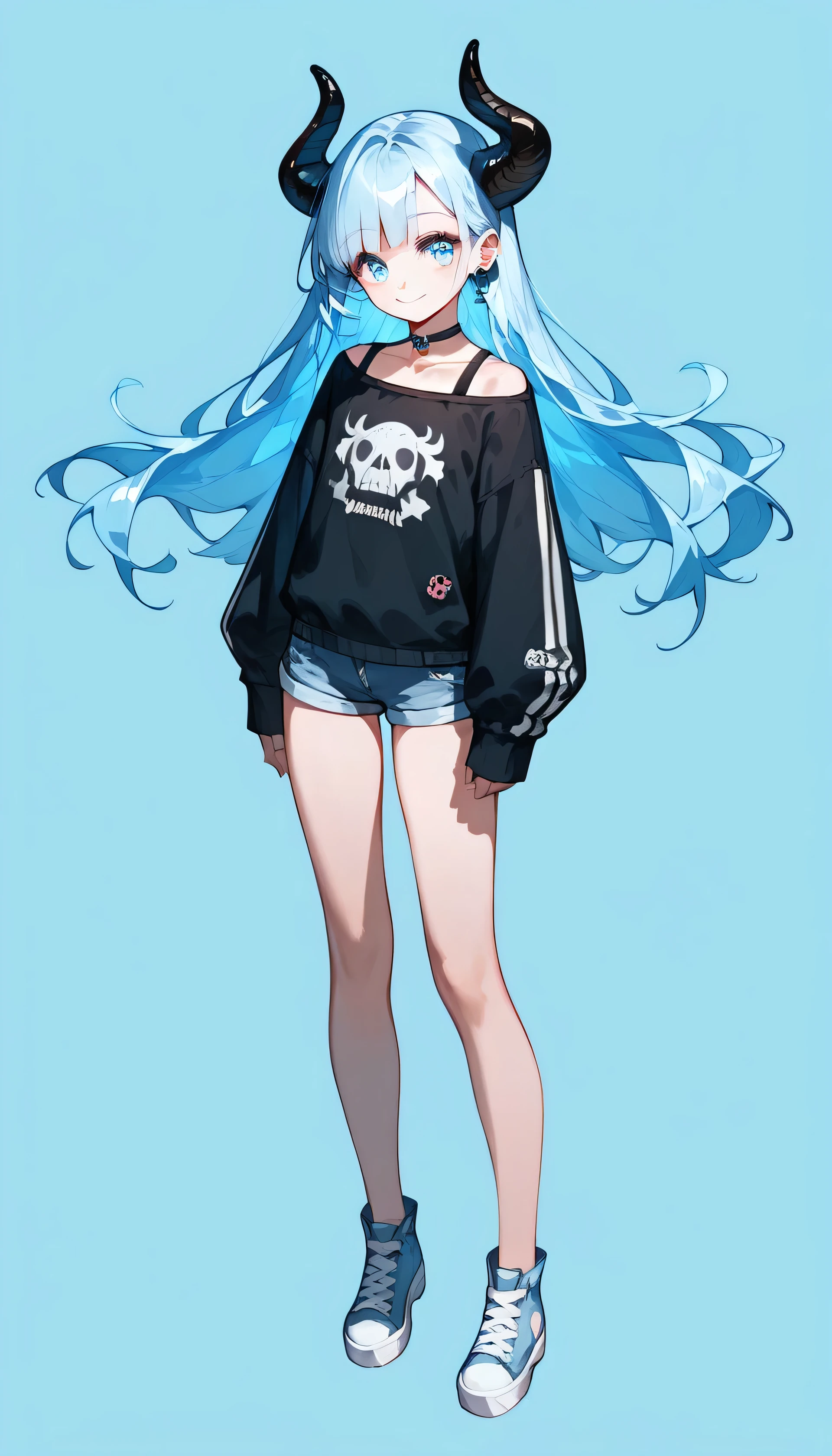 masterpiece, 1girl, solo, looking at viewer, ung and gorgeous girl, There is a pair of brownish-black horns on the head, light blue hair, light blue eyes,beautiful eyes, gothic, smile, ((full body)), (((no background))), transparent background, welcome, short pants