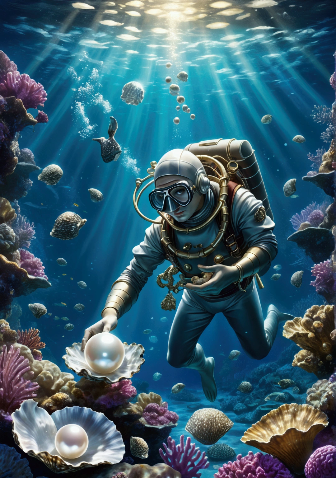 Illustrate Kino, a humble pearl diver, underwater as he discovers a large, shimmering pearl in an oyster. Style: Use detailed and realistic underwater scenes with bright, sparkling highlights on the pearl. The color palette should be rich and vibrant to emphasize the beauty of the discovery.