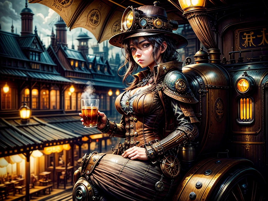 steampunkai。highest quality。masterpiece。detailed details。one woman。Traveler in steampunk style。Drinking coffee on the café terrace。The background is a steampunk style train station.。