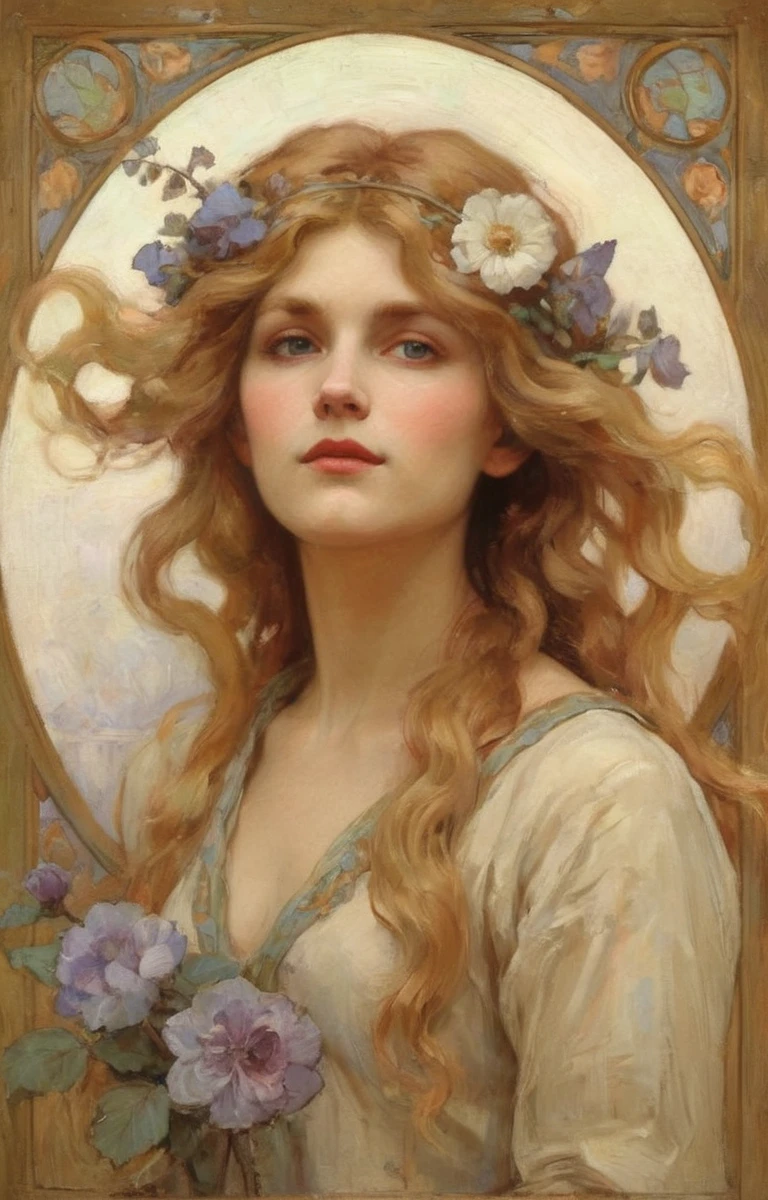 European woman portrait, Waist, Long flowing hair, Blonde, Oil painting, Model imposing, flower frame, decorative panel, abstraction, directed by: Alphonse Mucha (Main part, extremely high quality, High resolution: 1.4), detailed, intricate details, splash of color, Line art, Fibonacci, Wear underwear, atmospheric perspective, Art Nouveau, 4k