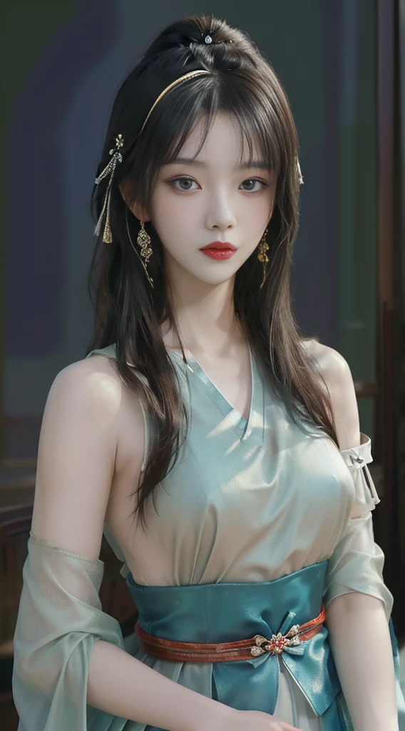 1 woman, high resolution, masterpiece, Anatomically correct, 最佳quality, detail, HD model, 高detail, 高quality, quality, Very detailed, Retina screen, Textured Skin, Ultra HD, Long hair, Black Hair, Big breasts(d), earrings, Blushing，Detailed nipple pictures，Exquisite facial features，人体model，model，Artistic pose，Hanfu，Chinese traditional clothing，Colorful clothes，Tang Dynasty Clothing，wuxia outfit，Tulle material，Hairpin，Gorgeous headdress,Holding a long sword