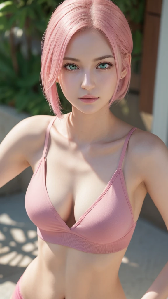 young woman, short shoulder-length pink hair, wide forehead, porcelain skin, pink eyebrows, big emerald green eyes, buttoned nose, full lips, heart-shaped face, slender body, small breasts, red tank top, Sakura Haruno , realistic, realism, details, 3d, well detailed