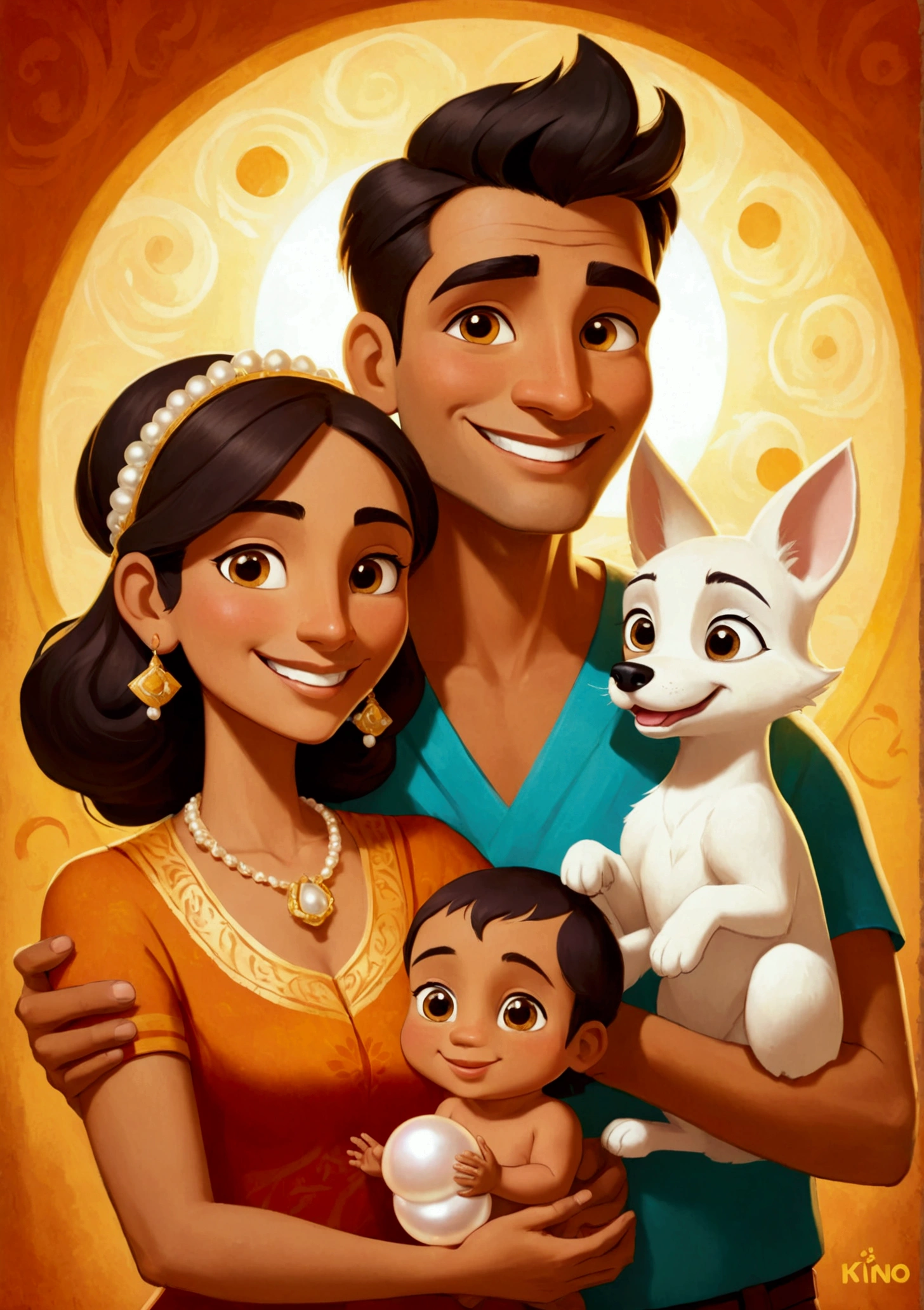 Show Kino holding the pearl above his head, with his wife Juana and their baby, Coyotito, smiling with hope. Style: Use warm, glowing colors to convey the family's optimism. The characters should have expressive, joyful faces, with the pearl reflecting light brightly.
