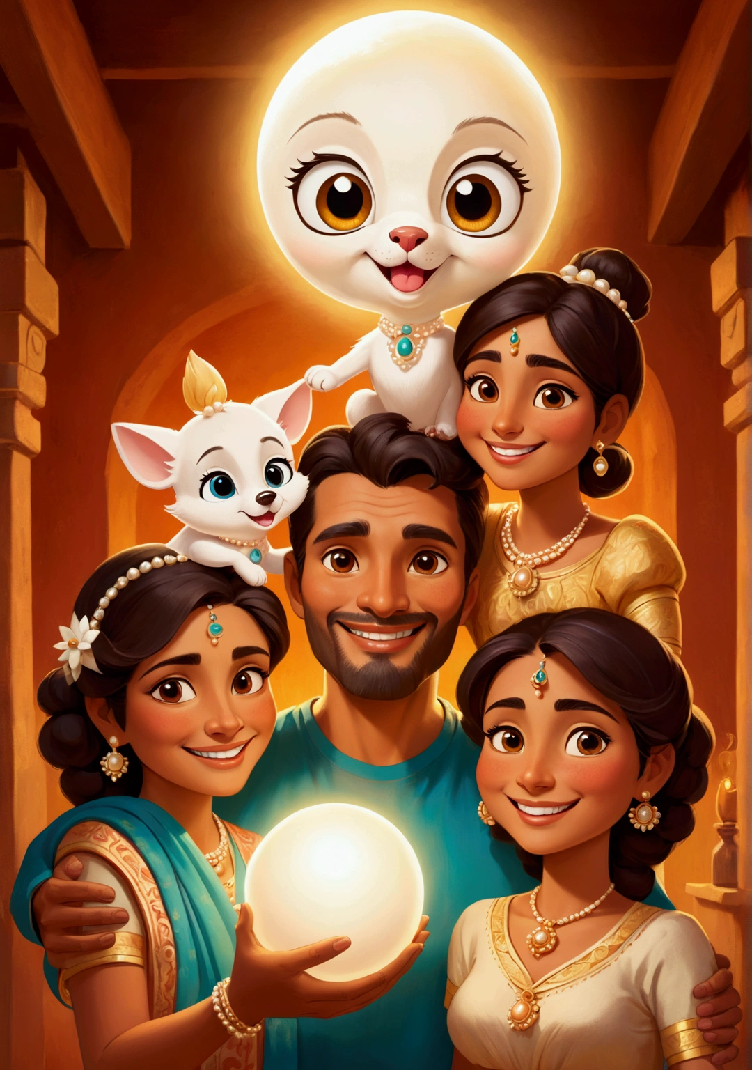  Show Kino holding the pearl above his head, with his wife Juana and their baby, Coyotito, smiling with hope. Style: Use warm, glowing colors to convey the family's optimism. The characters should have expressive, joyful faces, with the pearl reflecting light brightly.