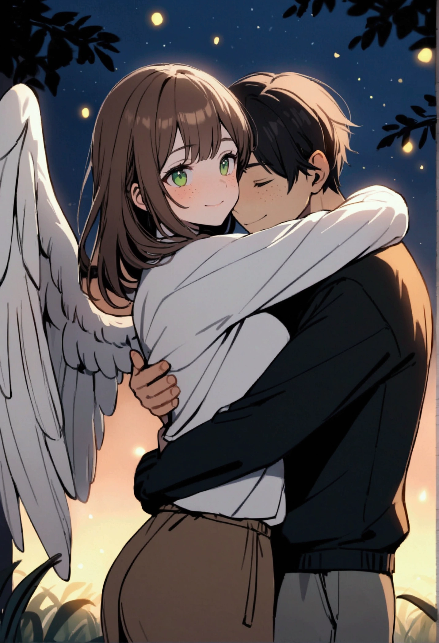 a girl and a boy, The girl has wavy brown hair, wearing wrapped white chiton and brown shorts, green eyes, freckles on the face, huge white wings, hugging the boy, The boy has black hair and violet eyes, wearing black sweatshirt and gray pants., they are very hugged, dancing, smiling, intimate, cozy, 8k, masterpiece, forest, evening, night, Fireflies