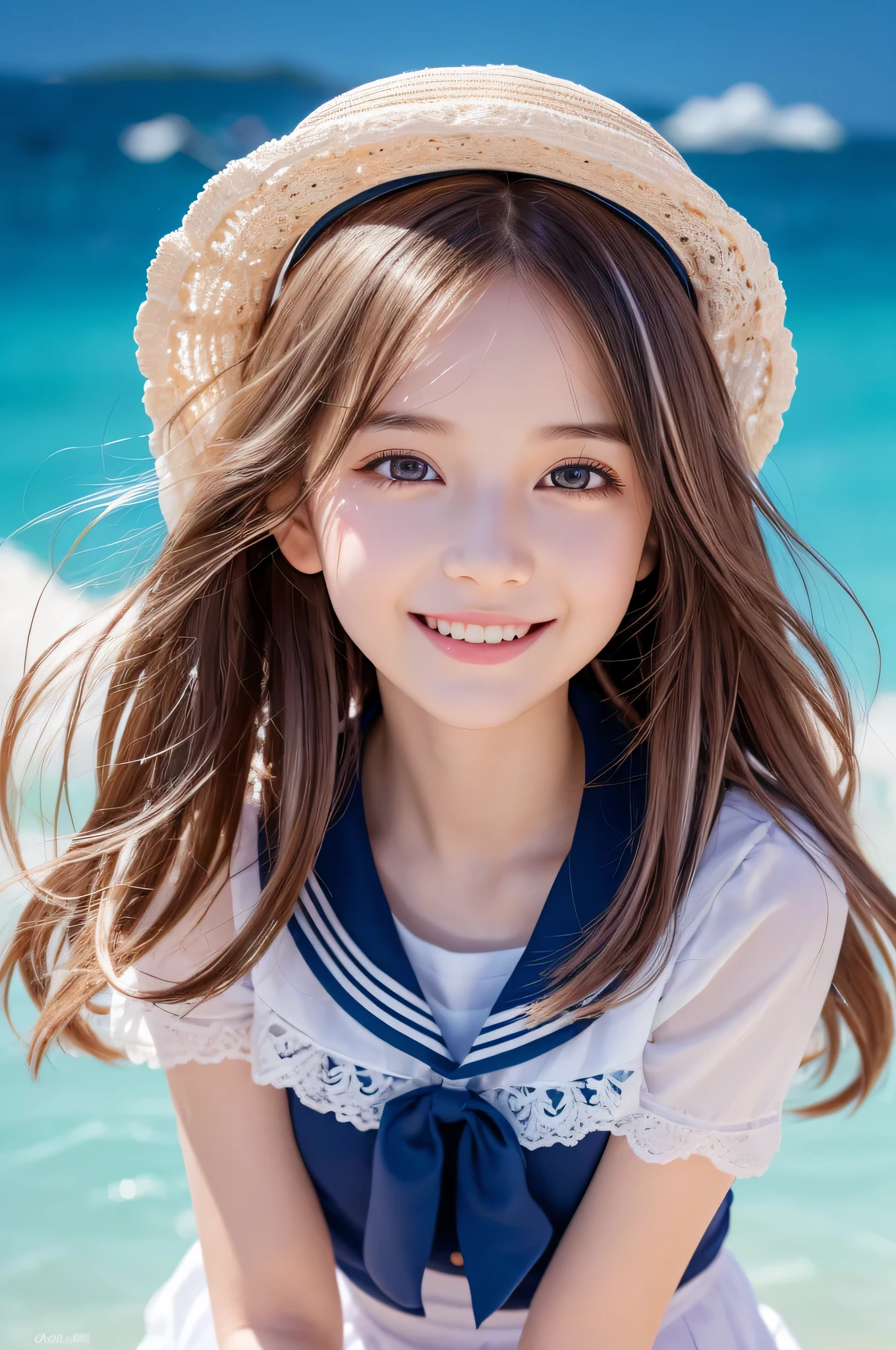 ((Top quality)), ((masterpiece)), (details), High resolution, super detailed, very detailed CG Unity 8k wallpaper, real, photorealistic, Beautiful fine face, detailed face. Pale skin, realistic shining skin. Detailed fabric texture, detailed hair texture. (Eyes with attention to beautiful details: 1.5), (Small hand), ((perfect hand)). (chibi:1.4),chibi character,chibi style, toe, (cwhite background:1.4),full body,masterpiece, high quality, 4K, HDR,, High quality, stunning artwork of a slender teen girl with voluminous hair, a big smile, and a playful expression. She wears a sailor hat and a sailor dress, with a peek of lace panties visible as her skirt rides up. She's enjoying an wafer, creating a messy yet adorable scene. The background showcases a sunny summer beach, with crystal-blue waters. Her hair is black, and she has pink highlights in her eyes. The focus is on her face and upper body.
