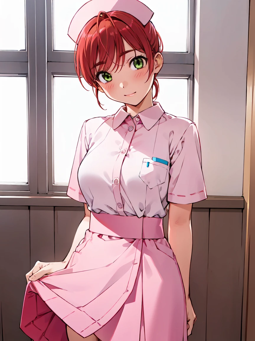 nurse uniform, nurse cap, Long skirt, nurse, (White costume), girl, alone, (mina_Hayase), Red Hair, Green Eyes, bangs, Yellow hair ribbon