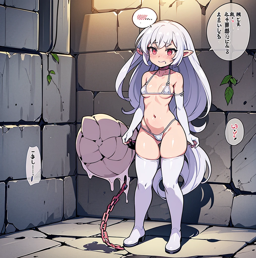 on a wall chained in a stone prison pretty ragged anime characters together over one another over the top of them a hard light blushing lewd face while wearing very tight boots micro leaf bikini, standing an animated figure with white skinny body a bread and a goey goop behind her is speech bubble