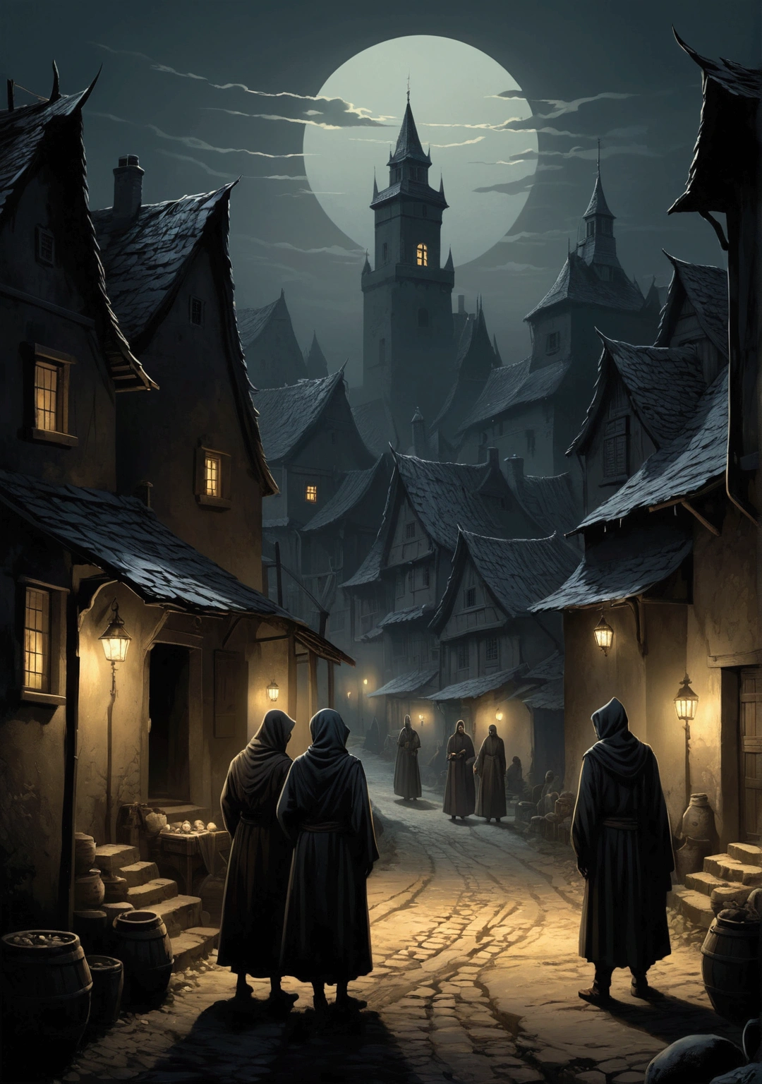 Illustrate a darkened village scene with shadowy figures whispering and plotting, eyes glinting with greed as they look at the pearl. Style: Use a darker, more muted color palette with stark contrasts and shadows to create a sense of danger and foreboding.
