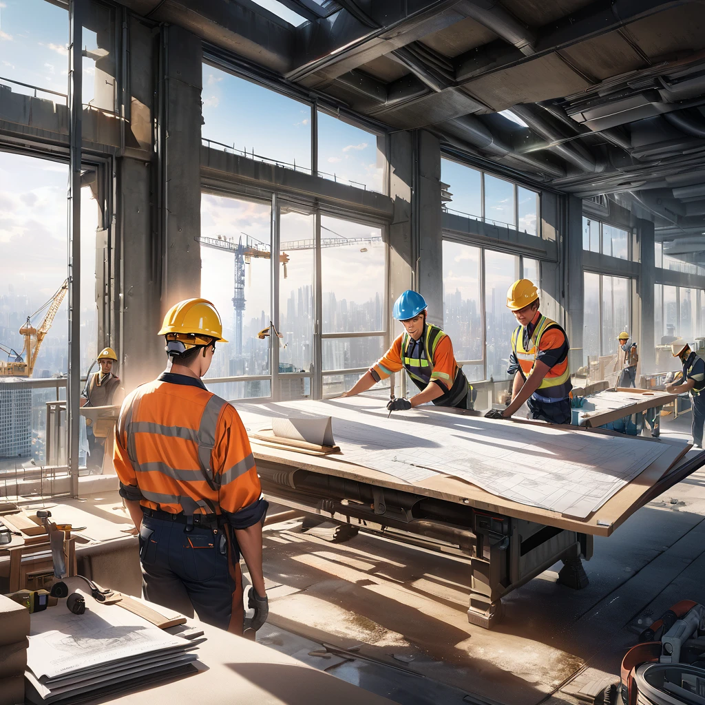 Architect working on skyscraper, detailed city view, construction site, modern design, blueprints, drawing table, hard hat, safety belt, crane in background, busy workers, glass facade, steel beams, concrete structure, sunlight seeping through windows, vivid atmosphere, realistic and high-resolution image, professional rendering, vivid colors, dramatic lighting.
