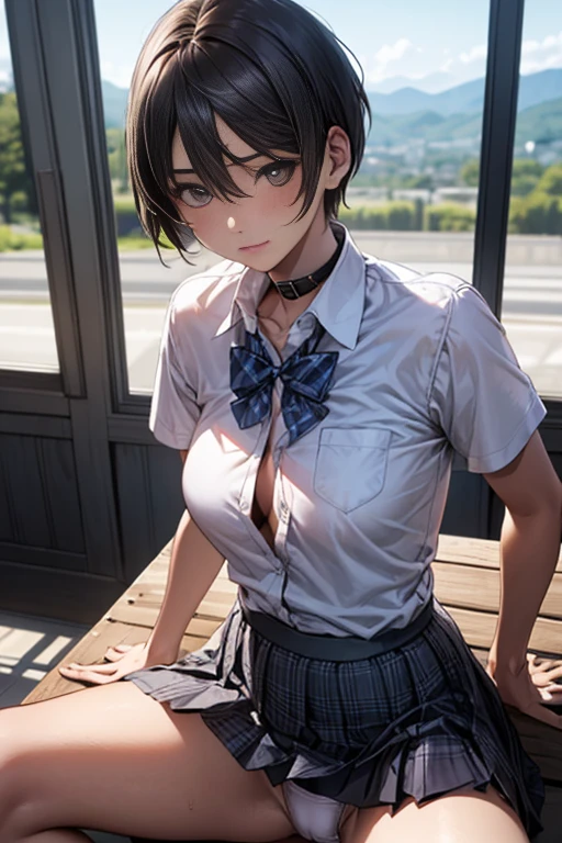 (masterpiece:1.2, highest quality), (realistic, photorealistic:1.4), beautiful illustrations, 
looking at the viewer, whole body, Front view:0.6, 
1 girl, Japanese, high School girl, ((ultra-short hair:1.5)), blown hair, bangs, hair between eyes, big breasts:0.8, 
beautiful hair, beautiful face, beautiful and detailed eyes, beautiful clavicle, beautiful body, beautiful breasts, beautiful thighs, beautiful feet, beautiful fingers, 
(beautiful scenery), , School,
((Short sleeve shirt with collar , Grey plaid pleated skirt, Blue plaid bow tie)), white panties, 
(Are sitting, , lift the skirt, Grab the hem of the skirt, open legs), 
blush, show armpit, Fleshy thighs,cameltoe