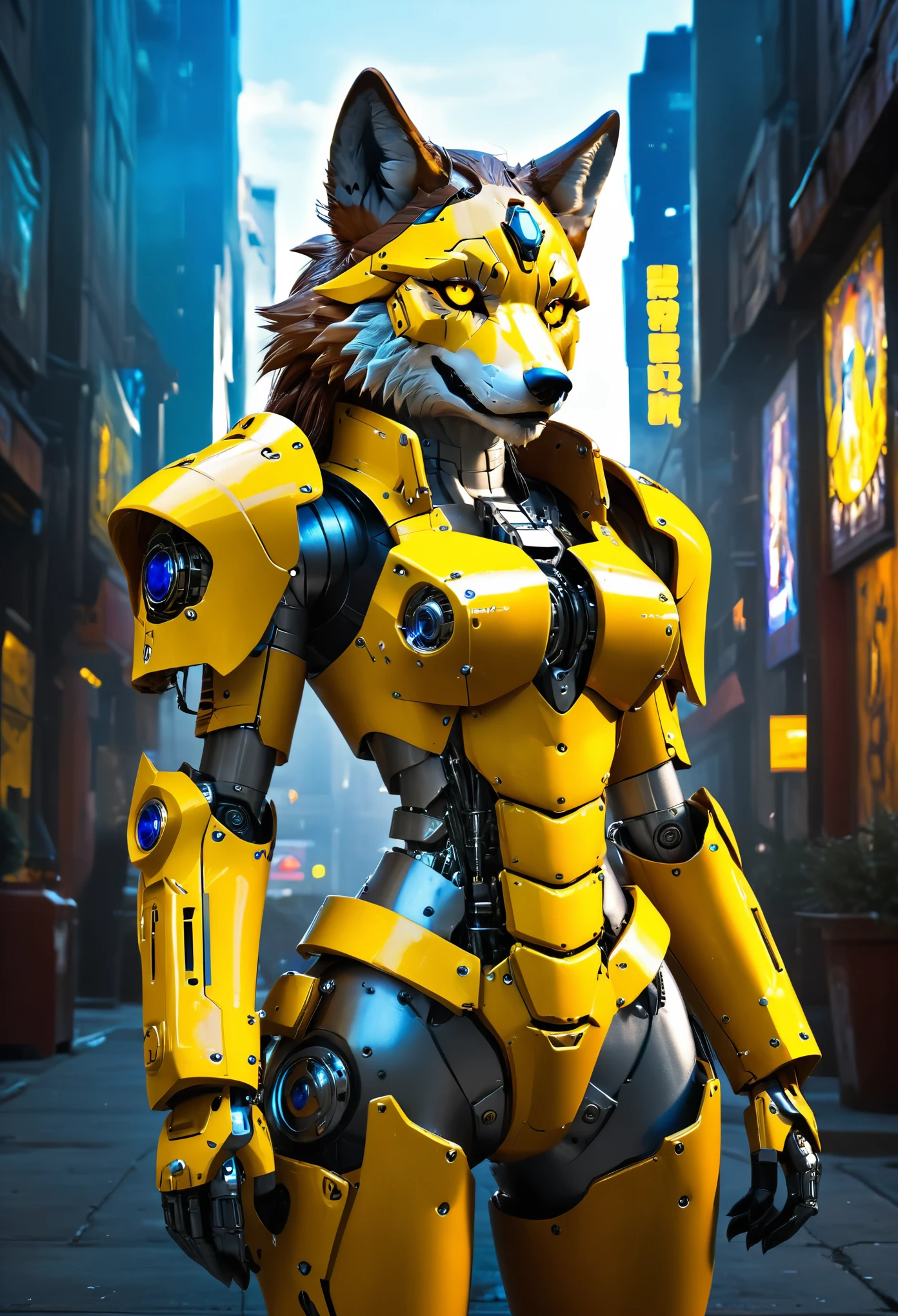 a portrait of a mechanical creature (( mechanical female, anthro wolf: 1.5), ((full body: 1.5)), ((anatomically correct: 1.5)), (ultra detailed face: 1.2), looking feral, looking dangerouse,  yellow eyes. dynamic fur color, glowing eyes, wearing mech armor, delicate armor, wearing high heeled boots, cyberpunk street background, vibrant, Ultra-high resolution, High Contrast, (masterpiece:1.5), highest quality, Best aesthetics), best details, best quality, highres, 16k, (ultra detailed: 1.5), masterpiece, best quality, (extremely detailed) RAW, (ultra details, Masterpiece, best quality),MechanicusStyleAI, Hyperrealism style, anime