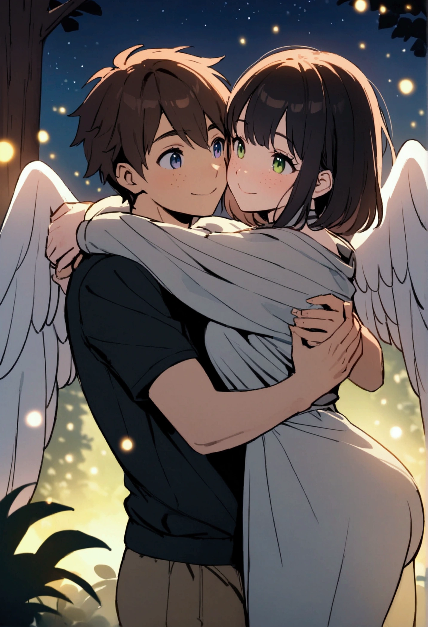 a girl and a boy, The girl has wavy brown hair, wearing wrapped white chiton and brown shorts, green eyes, freckles on the face, huge white wings, hugging the boy, The boy has black hair and violet eyes, wearing black sweatshirt and gray pants., they are very hugged, dancing, smiling, intimate, cozy, 8k, masterpiece, forest, evening, night, Fireflies
