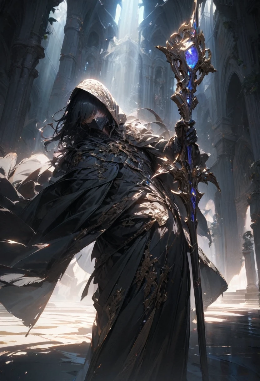 Adult, Male, Short black hair, messy black hair, hidden eyes, obscured face, dark cloak, black cloak, pulling hood up, obscured, dark path, fantasy, carrying staff, Masterpiece, Anatomically Correct, High Resolution, Best Quality, Detail, High Details, Quality, Super Detailed, High Quality, Award Winning, Accurate,Ray Tracing, God Rays, Cinematic Lighting, close up, looking at viewer, Solo, 1guy,