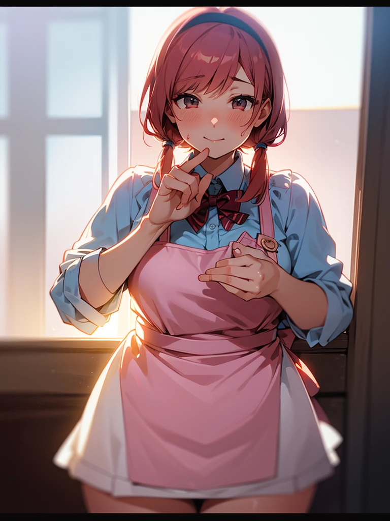 (Sumilux f1.4 50mm , low Latitude old color negative film , cross process , bokeh, flare, chromatic aberration , soft focus, (Shallow focus) , soft glow , Maximum aperture, low Key , Transparent depiction) , kawaii hentai anime style , coquettish , Clumsy Cafe clerk BBW , (Blouse with buttons popping off) , (bra:0.95) , apron , heart is beating fast with anticipation , Heart-shaped mosaic