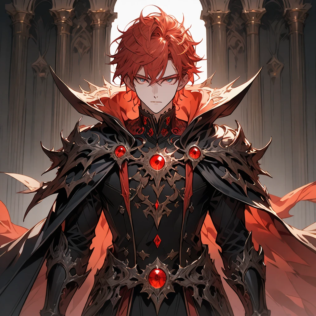 male face, red hair, eyes closed, extremely detailed eyes, perfect eyes, extremely detailed face, black overcoat, powerful cape, RPG style, broad shoulders, upright posture, facing the image, no light in the image, no shadows in the image, 8k.