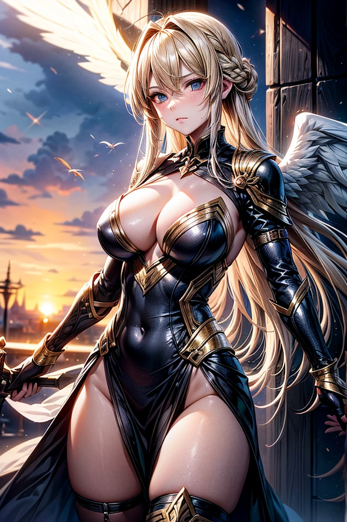 female archangel prepared for battle, an extremally beautiful warrior valkyre, ultra feminine, long hair, blond hair, braided hair, wearing divine golden armor, cleavage, big breasts, (angel wings: 1.2) spread, golden sword, in battle, fighting, sky environment, sunset, 16k, RAW, ultra wide shot, photorealism, depth of field, hyper realistic, 2.5 rendering