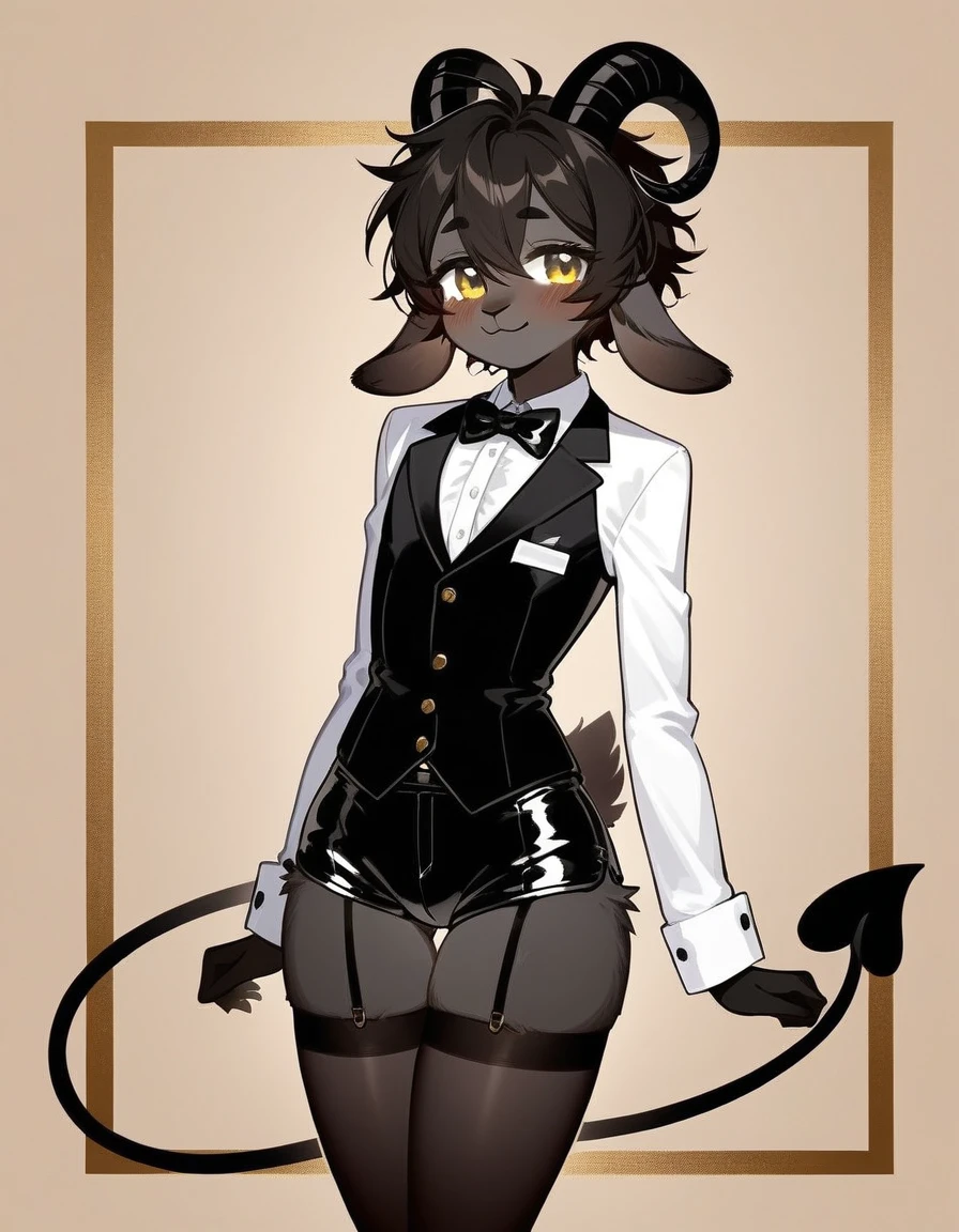 Best quality, Super detailed illustration, (anthro Fluffy goat boy:1.4), (matte black fur color:1.4), feminine face and body, disheveled thick hair, elegant outfit with bow tie, tailcoat, short shorts, Tight stockings, shy smile, a femboy, small waist, wide hips, slim, perfect body, long demon tail