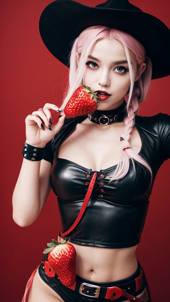 cowgirl woman, in black clothes, similar to Harley Quinn, eating strawberry. gothic background. full hd image