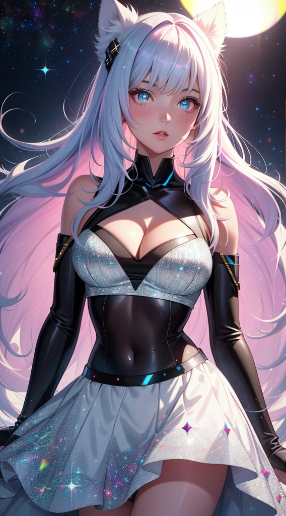 realistic, 1girl, holographic hair, heterochromic eyes, glowing eyes, holo crop top, holo skirt, parted lips, blush, night, white roses, pastels, glitter, sleeveless, cleavage