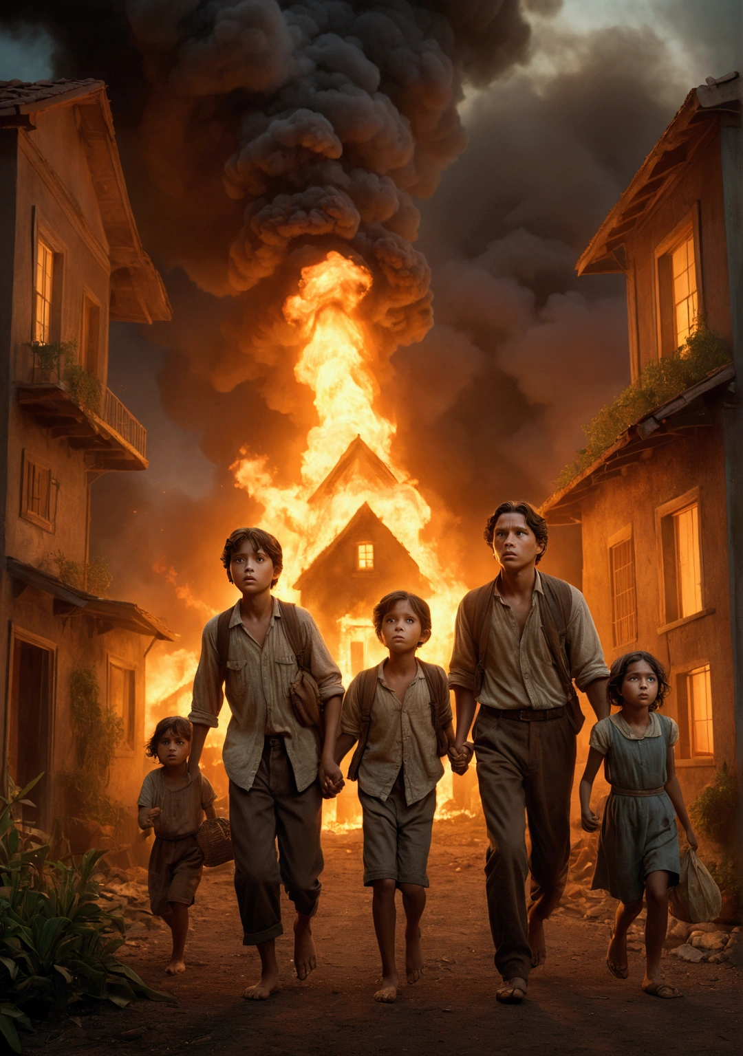 a Kino and his family fleeing from their burning home, Kino clutching a pearl tightly, detailed illustration, cinematic lighting, muted color palette, dramatic atmosphere, photorealistic, stunning details, masterpiece, cinematic composition, dramatic chiaroscuro lighting, emotional expression, intense focus, sense of urgency, richly textured environment, lush and realistic details, complex layers, dramatic composition, HDR, UHD, vivid colors, physically-based rendering, extremely detailed